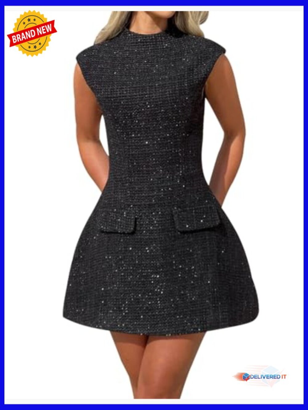 Mock Neck Cap Sleeve Cutout Backless Mini Dress High Waist A-Line Cocktail Party - Picture 2 of 6
